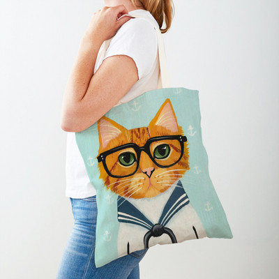 Дамска пазарска чанта Coffee Cat Дамска пазарска чанта Двустранно сгъваема платнена чанта за многократна употреба Карикатура на животни Дамска чанта през рамо