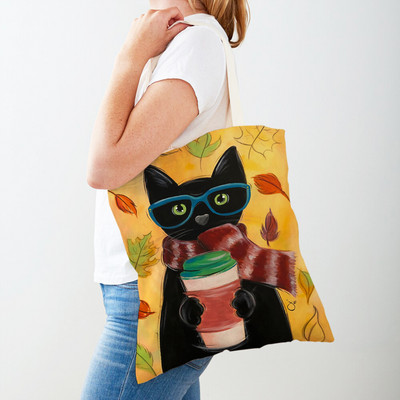 Дамска пазарска чанта Coffee Cat Дамска пазарска чанта Двустранно сгъваема платнена чанта за многократна употреба Карикатура на животни Дамска чанта през рамо