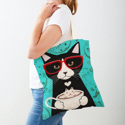 Дамска пазарска чанта Coffee Cat Дамска пазарска чанта Двустранно сгъваема платнена чанта за многократна употреба Карикатура на животни Дамска чанта през рамо