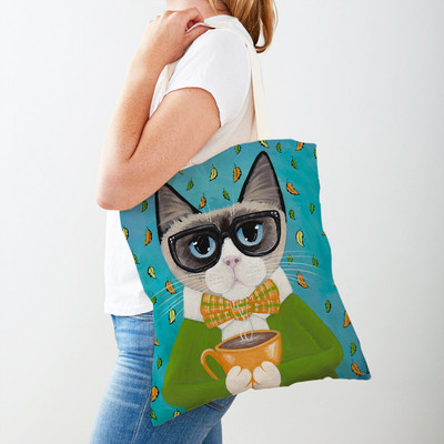 Дамска пазарска чанта Coffee Cat Дамска пазарска чанта Двустранно сгъваема платнена чанта за многократна употреба Карикатура на животни Дамска чанта през рамо