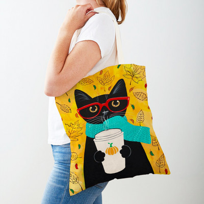 Дамска пазарска чанта Coffee Cat Дамска пазарска чанта Двустранно сгъваема платнена чанта за многократна употреба Карикатура на животни Дамска чанта през рамо