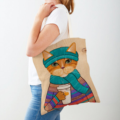 Дамска пазарска чанта Coffee Cat Дамска пазарска чанта Двустранно сгъваема платнена чанта за многократна употреба Карикатура на животни Дамска чанта през рамо