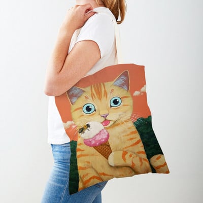 Дамска пазарска чанта Coffee Cat Дамска пазарска чанта Двустранно сгъваема платнена чанта за многократна употреба Карикатура на животни Дамска чанта през рамо