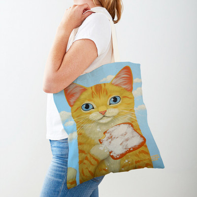 Дамска пазарска чанта Coffee Cat Дамска пазарска чанта Двустранно сгъваема платнена чанта за многократна употреба Карикатура на животни Дамска чанта през рамо