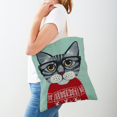 Дамска пазарска чанта Coffee Cat Дамска пазарска чанта Двустранно сгъваема платнена чанта за многократна употреба Карикатура на животни Дамска чанта през рамо