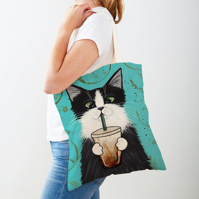 Дамска пазарска чанта Coffee Cat Дамска пазарска чанта Двустранно сгъваема платнена чанта за многократна употреба Карикатура на животни Дамска чанта през рамо