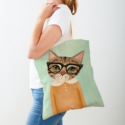Дамска пазарска чанта Coffee Cat Дамска пазарска чанта Двустранно сгъваема платнена чанта за многократна употреба Карикатура на животни Дамска чанта през рамо