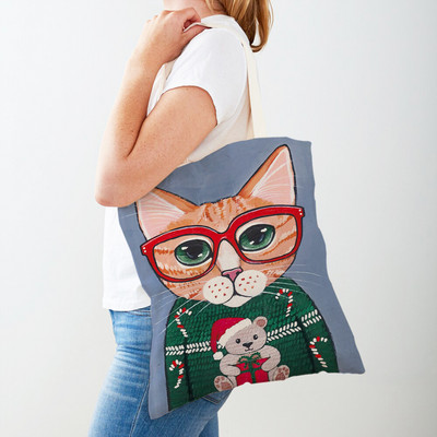 Дамска пазарска чанта Coffee Cat Дамска пазарска чанта Двустранно сгъваема платнена чанта за многократна употреба Карикатура на животни Дамска чанта през рамо