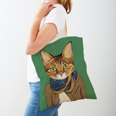 Дамска пазарска чанта Coffee Cat Дамска пазарска чанта Двустранно сгъваема платнена чанта за многократна употреба Карикатура на животни Дамска чанта през рамо