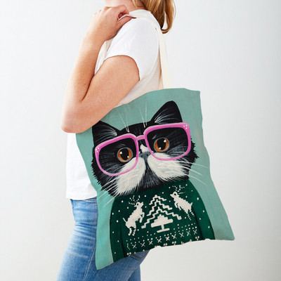 Дамска пазарска чанта Coffee Cat Дамска пазарска чанта Двустранно сгъваема платнена чанта за многократна употреба Карикатура на животни Дамска чанта през рамо