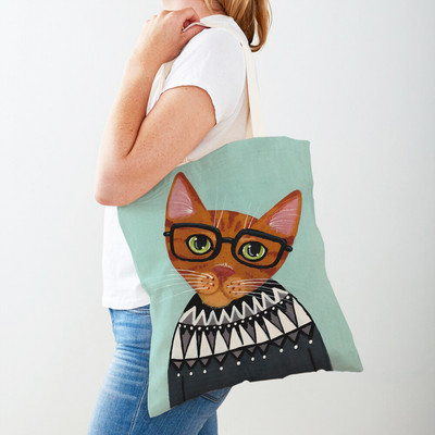 Дамска пазарска чанта Coffee Cat Дамска пазарска чанта Двустранно сгъваема платнена чанта за многократна употреба Карикатура на животни Дамска чанта през рамо