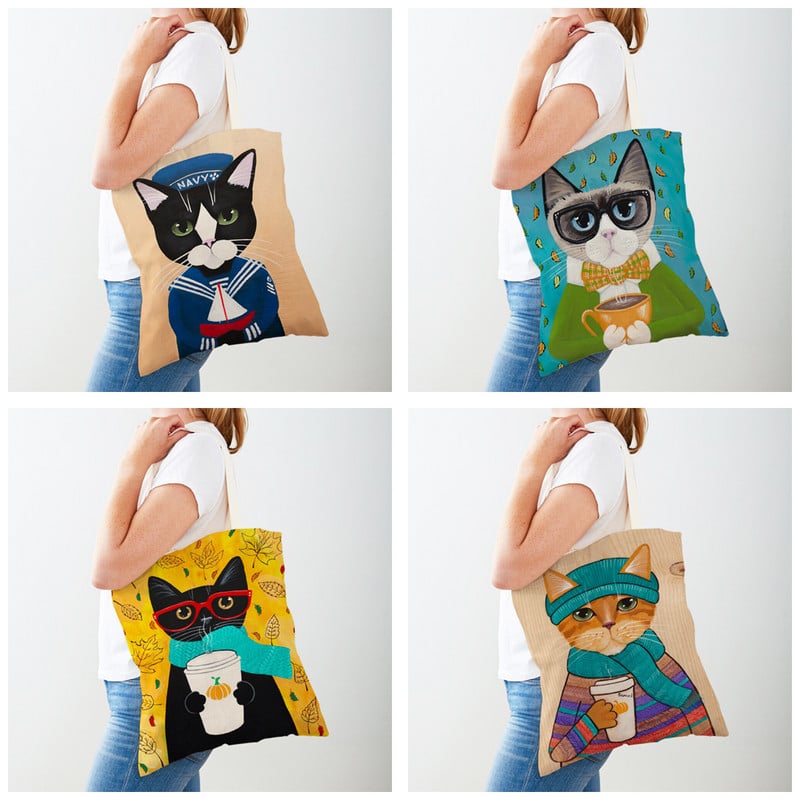 Дамска пазарска чанта Coffee Cat Дамска пазарска чанта Двустранно сгъваема платнена чанта за многократна употреба Карикатура на животни Дамска чанта през рамо