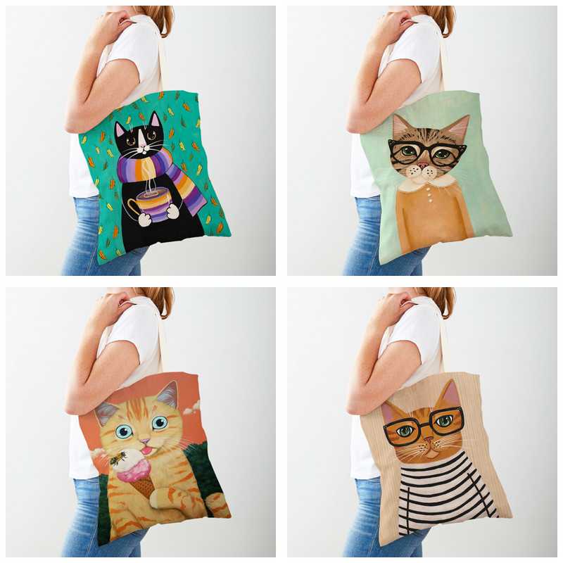 Дамска пазарска чанта Coffee Cat Дамска пазарска чанта Двустранно сгъваема платнена чанта за многократна употреба Карикатура на животни Дамска чанта през рамо