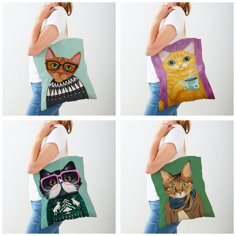 Дамска пазарска чанта Coffee Cat Дамска пазарска чанта Двустранно сгъваема платнена чанта за многократна употреба Карикатура на животни Дамска чанта през рамо