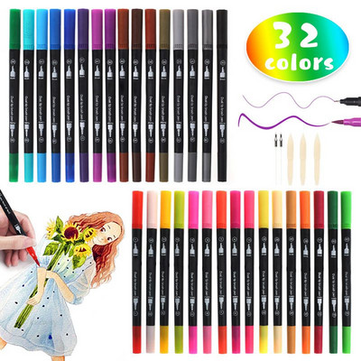 32 Color Profession Art Marķieru pildspalvas Brush Dual Tip Set 0,4mm krāsains akvareļu otu pildspalva Fineline Point Drawing Manga