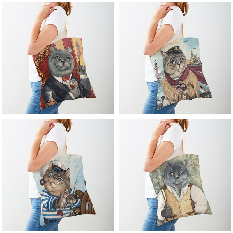 Забавна котка, акварел, работник, животно, дамски пазарски чанти, дамски пазарски чанти, двустранно сгъваема платнена чанта за многократна употреба