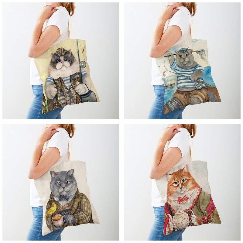 Забавна котка, акварел, работник, животно, дамски пазарски чанти, дамски пазарски чанти, двустранно сгъваема платнена чанта за многократна употреба