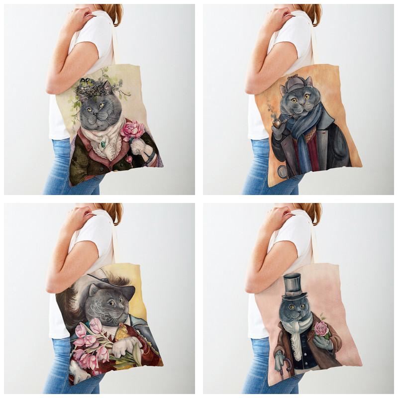 Забавна котка, акварел, работник, животно, дамски пазарски чанти, дамски пазарски чанти, двустранно сгъваема платнена чанта за многократна употреба