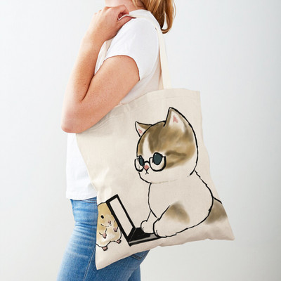 Kawaii Funny Cat Hamster Дамски пазарски чанти Tote Ръчна чанта Animal Both Print Canvas Сгъваема плат Дамска чанта за пазаруване през рамо