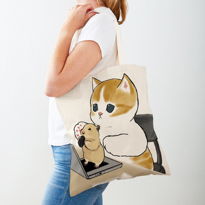 Kawaii Funny Cat Hamster Дамски пазарски чанти Tote Ръчна чанта Animal Both Print Canvas Сгъваема плат Дамска чанта за пазаруване през рамо