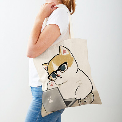 Kawaii Funny Cat Hamster Дамски пазарски чанти Tote Ръчна чанта Animal Both Print Canvas Сгъваема плат Дамска чанта за пазаруване през рамо