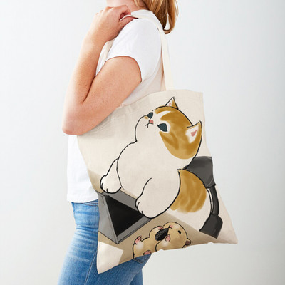 Kawaii Funny Cat Hamster Дамски пазарски чанти Tote Ръчна чанта Animal Both Print Canvas Сгъваема плат Дамска чанта за пазаруване през рамо