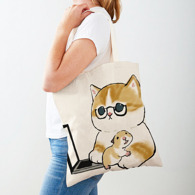 Kawaii Funny Cat Hamster Дамски пазарски чанти Tote Ръчна чанта Animal Both Print Canvas Сгъваема плат Дамска чанта за пазаруване през рамо
