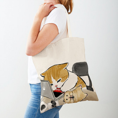 Kawaii Funny Cat Hamster Дамски пазарски чанти Tote Ръчна чанта Animal Both Print Canvas Сгъваема плат Дамска чанта за пазаруване през рамо