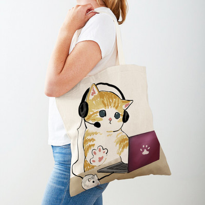 Kawaii Funny Cat Hamster Дамски пазарски чанти Tote Ръчна чанта Animal Both Print Canvas Сгъваема плат Дамска чанта за пазаруване през рамо