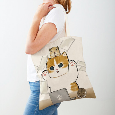 Kawaii Funny Cat Hamster Дамски пазарски чанти Tote Ръчна чанта Animal Both Print Canvas Сгъваема плат Дамска чанта за пазаруване през рамо