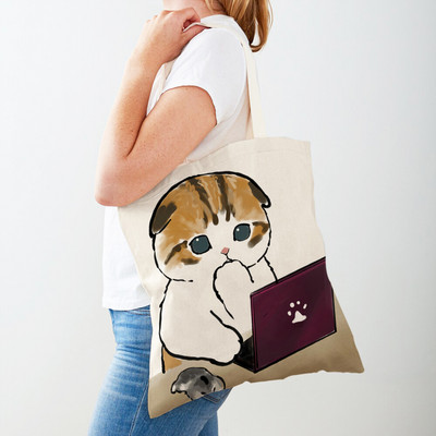 Kawaii Funny Cat Hamster Дамски пазарски чанти Tote Ръчна чанта Animal Both Print Canvas Сгъваема плат Дамска чанта за пазаруване през рамо