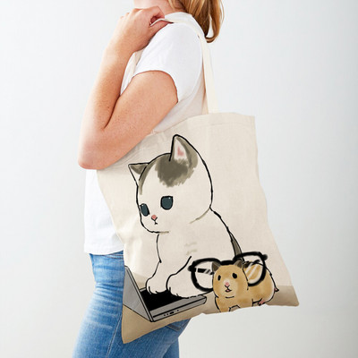Kawaii Funny Cat Hamster Дамски пазарски чанти Tote Ръчна чанта Animal Both Print Canvas Сгъваема плат Дамска чанта за пазаруване през рамо