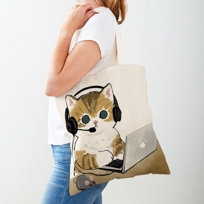 Kawaii Funny Cat Hamster Дамски пазарски чанти Tote Ръчна чанта Animal Both Print Canvas Сгъваема плат Дамска чанта за пазаруване през рамо