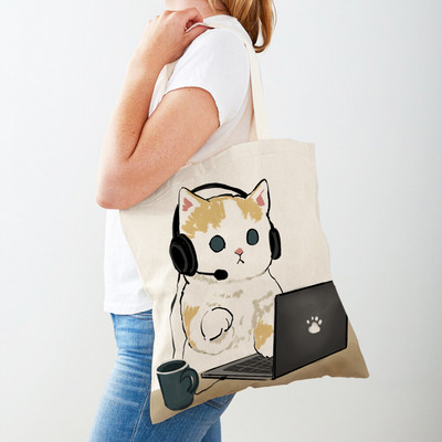 Kawaii Funny Cat Hamster Дамски пазарски чанти Tote Ръчна чанта Animal Both Print Canvas Сгъваема плат Дамска чанта за пазаруване през рамо