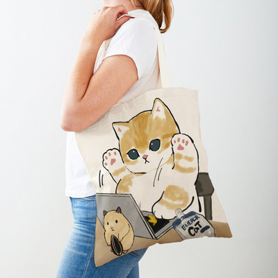 Kawaii Funny Cat Hamster Дамски пазарски чанти Tote Ръчна чанта Animal Both Print Canvas Сгъваема плат Дамска чанта за пазаруване през рамо