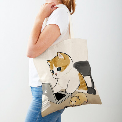 Kawaii Funny Cat Hamster Дамски пазарски чанти Tote Ръчна чанта Animal Both Print Canvas Сгъваема плат Дамска чанта за пазаруване през рамо