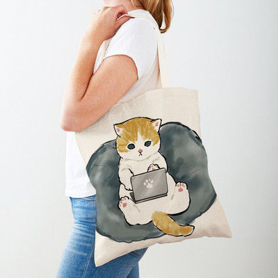Kawaii Funny Cat Hamster Дамски пазарски чанти Tote Ръчна чанта Animal Both Print Canvas Сгъваема плат Дамска чанта за пазаруване през рамо