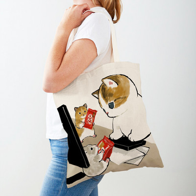 Kawaii Funny Cat Hamster Дамски пазарски чанти Tote Ръчна чанта Animal Both Print Canvas Сгъваема плат Дамска чанта за пазаруване през рамо