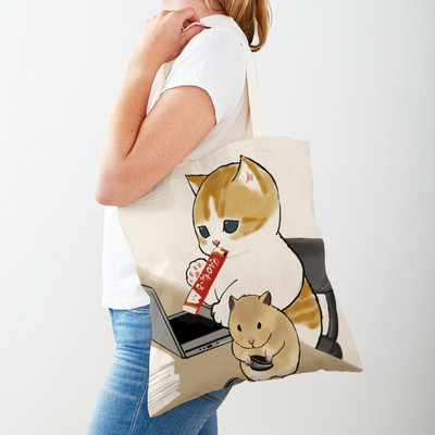 Kawaii Funny Cat Hamster Дамски пазарски чанти Tote Ръчна чанта Animal Both Print Canvas Сгъваема плат Дамска чанта за пазаруване през рамо