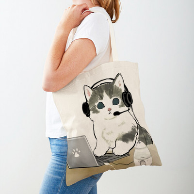 Kawaii Funny Cat Hamster Дамски пазарски чанти Tote Ръчна чанта Animal Both Print Canvas Сгъваема плат Дамска чанта за пазаруване през рамо