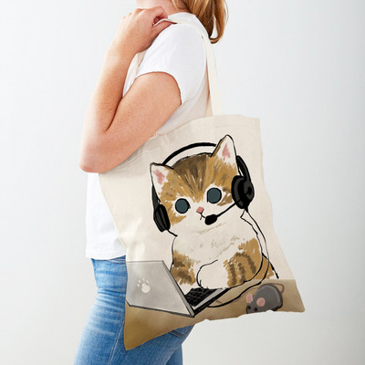 Kawaii Funny Cat Hamster Дамски пазарски чанти Tote Ръчна чанта Animal Both Print Canvas Сгъваема плат Дамска чанта за пазаруване през рамо