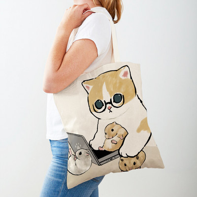 Kawaii Funny Cat Hamster Дамски пазарски чанти Tote Ръчна чанта Animal Both Print Canvas Сгъваема плат Дамска чанта за пазаруване през рамо