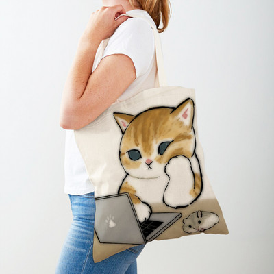 Kawaii Funny Cat Hamster Дамски пазарски чанти Tote Ръчна чанта Animal Both Print Canvas Сгъваема плат Дамска чанта за пазаруване през рамо