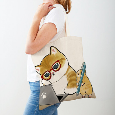 Kawaii Funny Cat Hamster Дамски пазарски чанти Tote Ръчна чанта Animal Both Print Canvas Сгъваема плат Дамска чанта за пазаруване през рамо