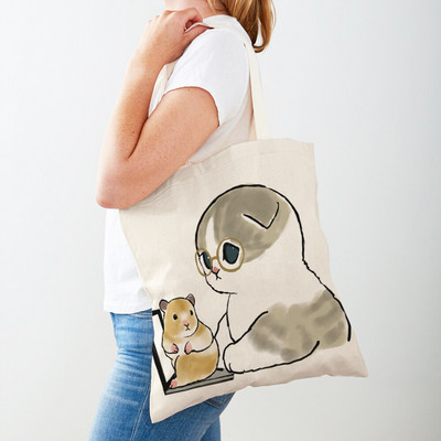 Kawaii Funny Cat Hamster Дамски пазарски чанти Tote Ръчна чанта Animal Both Print Canvas Сгъваема плат Дамска чанта за пазаруване през рамо