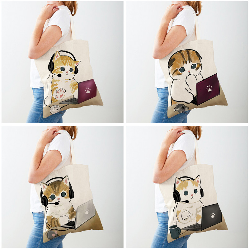 Kawaii Funny Cat Hamster Дамски пазарски чанти Tote Ръчна чанта Animal Both Print Canvas Сгъваема плат Дамска чанта за пазаруване през рамо