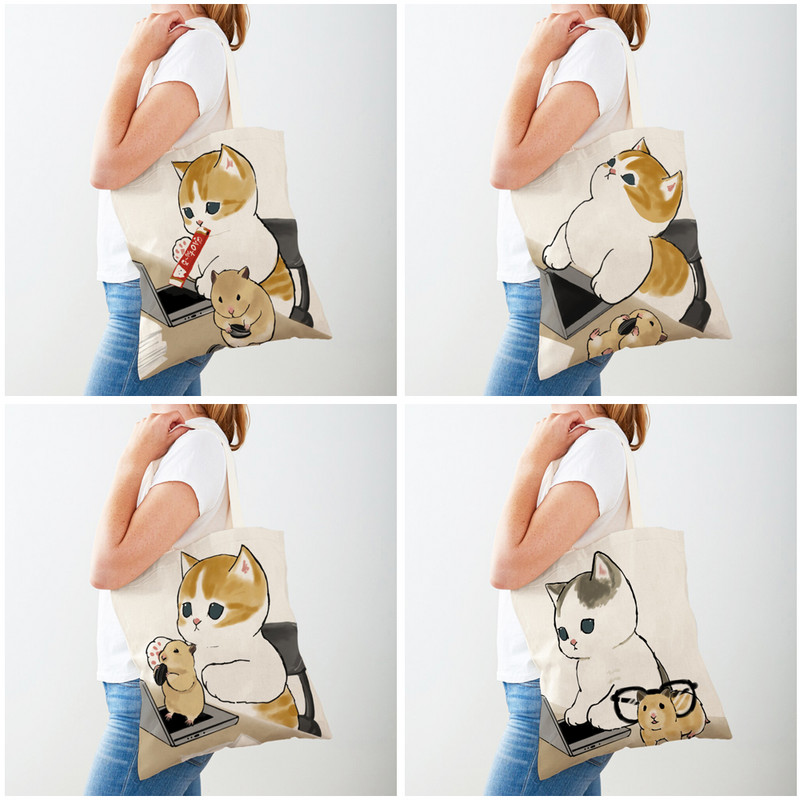 Kawaii Funny Cat Hamster Дамски пазарски чанти Tote Ръчна чанта Animal Both Print Canvas Сгъваема плат Дамска чанта за пазаруване през рамо