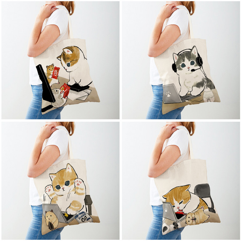 Kawaii Funny Cat Hamster Дамски пазарски чанти Tote Ръчна чанта Animal Both Print Canvas Сгъваема плат Дамска чанта за пазаруване през рамо