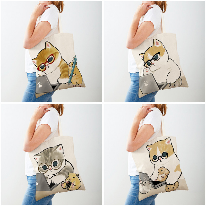 Kawaii Funny Cat Hamster Дамски пазарски чанти Tote Ръчна чанта Animal Both Print Canvas Сгъваема плат Дамска чанта за пазаруване през рамо