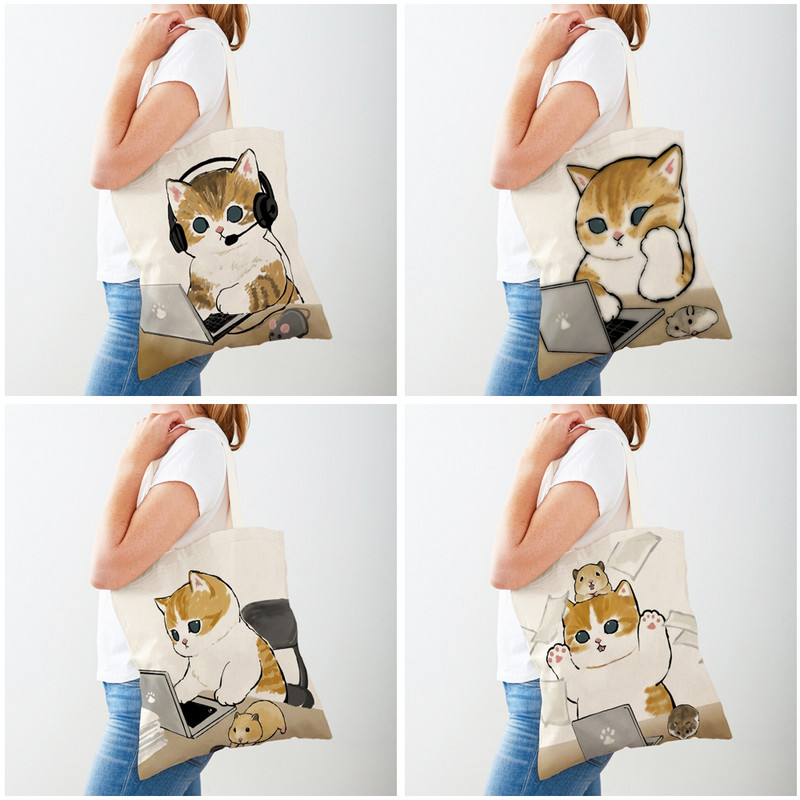 Kawaii Funny Cat Hamster Дамски пазарски чанти Tote Ръчна чанта Animal Both Print Canvas Сгъваема плат Дамска чанта за пазаруване през рамо
